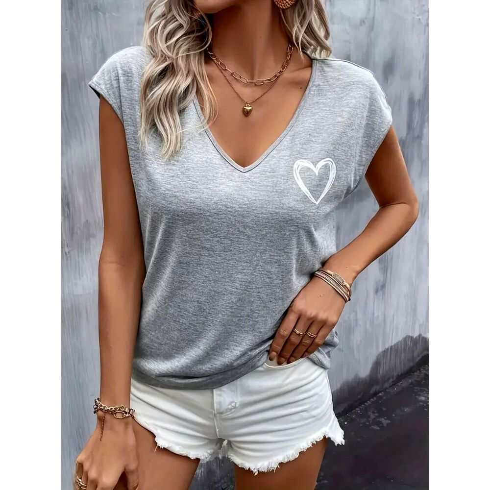 Heart Design Plain V Neck Cap Sleeve Gray Ladies Size XXL Lightweight T-Shirt
